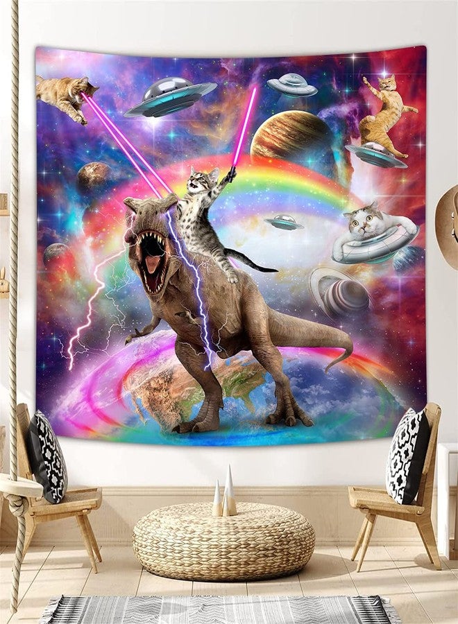 Uokiuki Funny Cat Tapestry for Boys Kids Bedroom, Cool Cat Riding Dinosaur on Fantasy Galaxy Hilarious Wall Tapestry, Funky Outer Space Universe Anime Tapestry Wall Hanging for Bedroom Living Room, 60X40IN - Image 2
